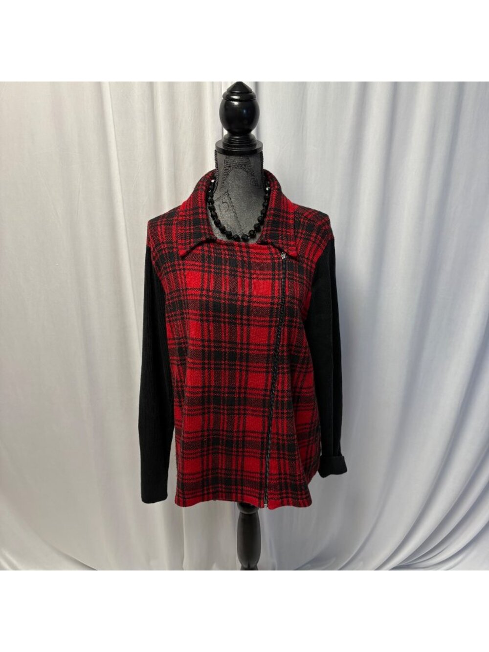 Chaps Womens Red Black Plaid Zip-Up Sweater Jacket Size 1X Moto Outerwear